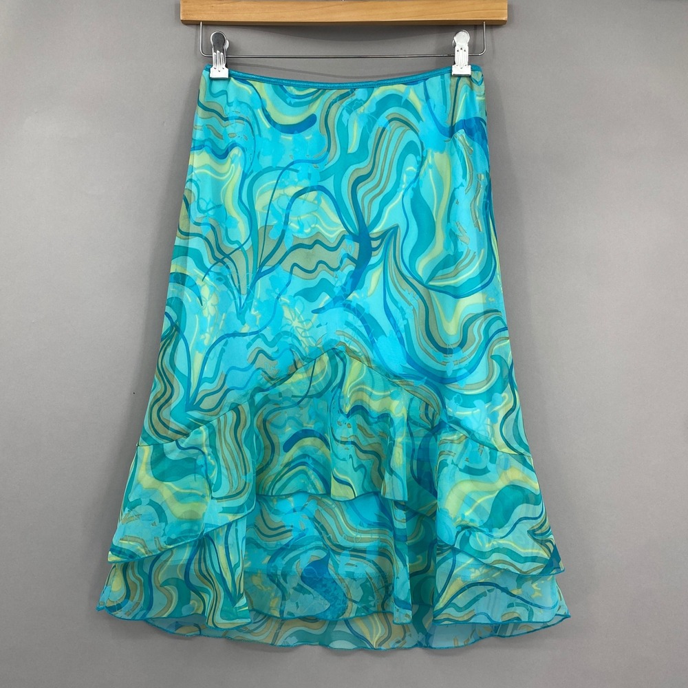 Vtg Wrapper Abstract Swirl Ruffle Skirt Womens Large Blue Green Y2K Mermaidcore